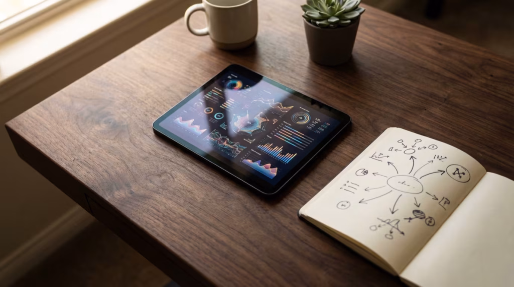 Tablet mit Datenvisualisierungen und Notizbuch mit einer Mindmap auf einem Holztisch.