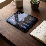 Tablet mit Datenvisualisierungen und Notizbuch mit einer Mindmap auf einem Holztisch.