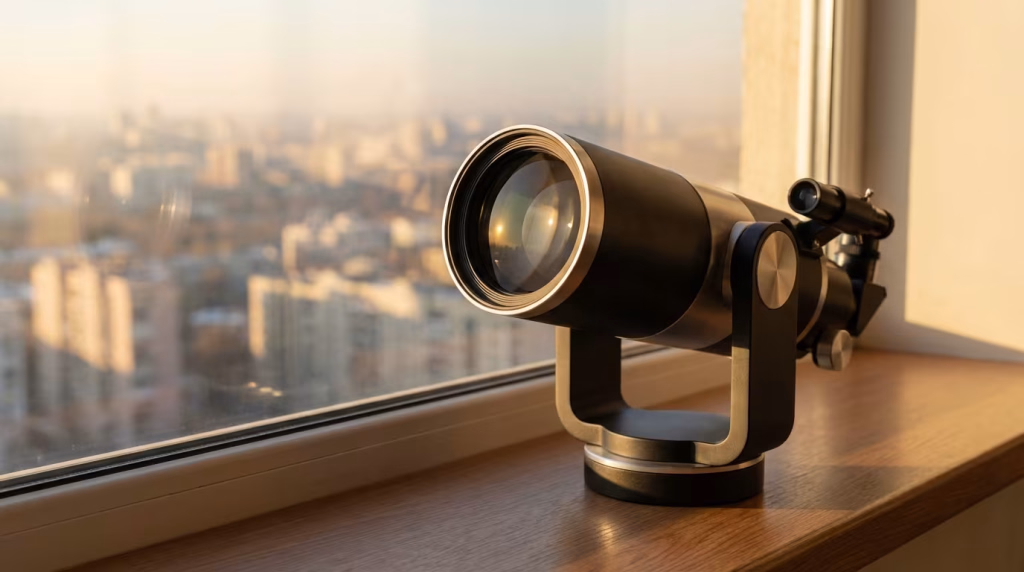 Ein modernes Teleskop auf einer Holzfensterbank blickt auf eine verschwommene Stadtkulisse im warmen Abendlicht.