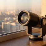Ein modernes Teleskop auf einer Holzfensterbank blickt auf eine verschwommene Stadtkulisse im warmen Abendlicht.