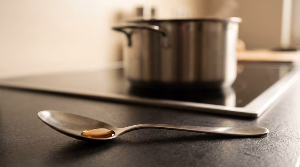 Ein Löffel mit goldbrauner Flüssigkeit liegt auf einer dunklen Oberfläche, im unscharfen Hintergrund steht ein Topf auf einem Herd.