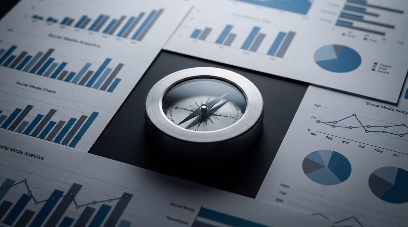 Ein silberner Kompass auf einem dunklen Hintergrund, umgeben von Papieren mit geschäftlichen Diagrammen und Graphen in Blautönen, die Datenanalyse und strategische Ausrichtung symbolisieren.