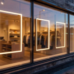 Außenansicht eines Ladens bei Dämmerung, dessen großes Schaufenster ein warmes, weiches Licht ausstrahlt und drei beleuchtete, rechteckige Rahmen im Inneren zeigt.