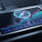 Eine digitale Anzeige mit leuchtenden Liniendiagrammen und Balkendiagrammen, überlagert von einem schimmernden Kompass, der Datenanalyse und strategische Ausrichtung symbolisiert.
