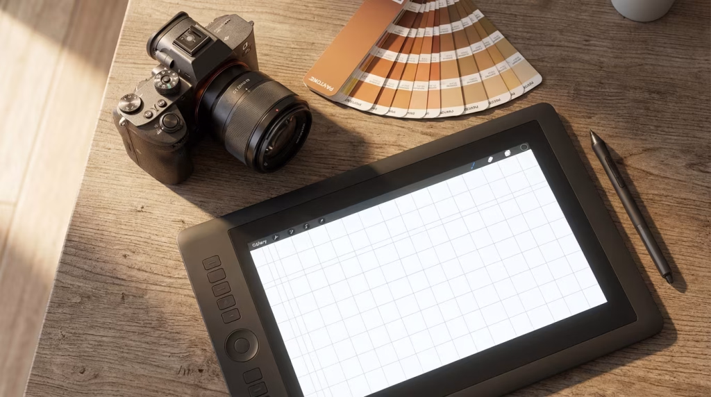 Eine digitale Kamera, ein Farbfächer und ein Grafiktablett mit Stift liegen auf einer Holzoberfläche.