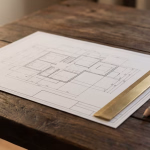 Architekturplan eines Grundrisses mit Lineal und Bleistift auf einem Holztisch.