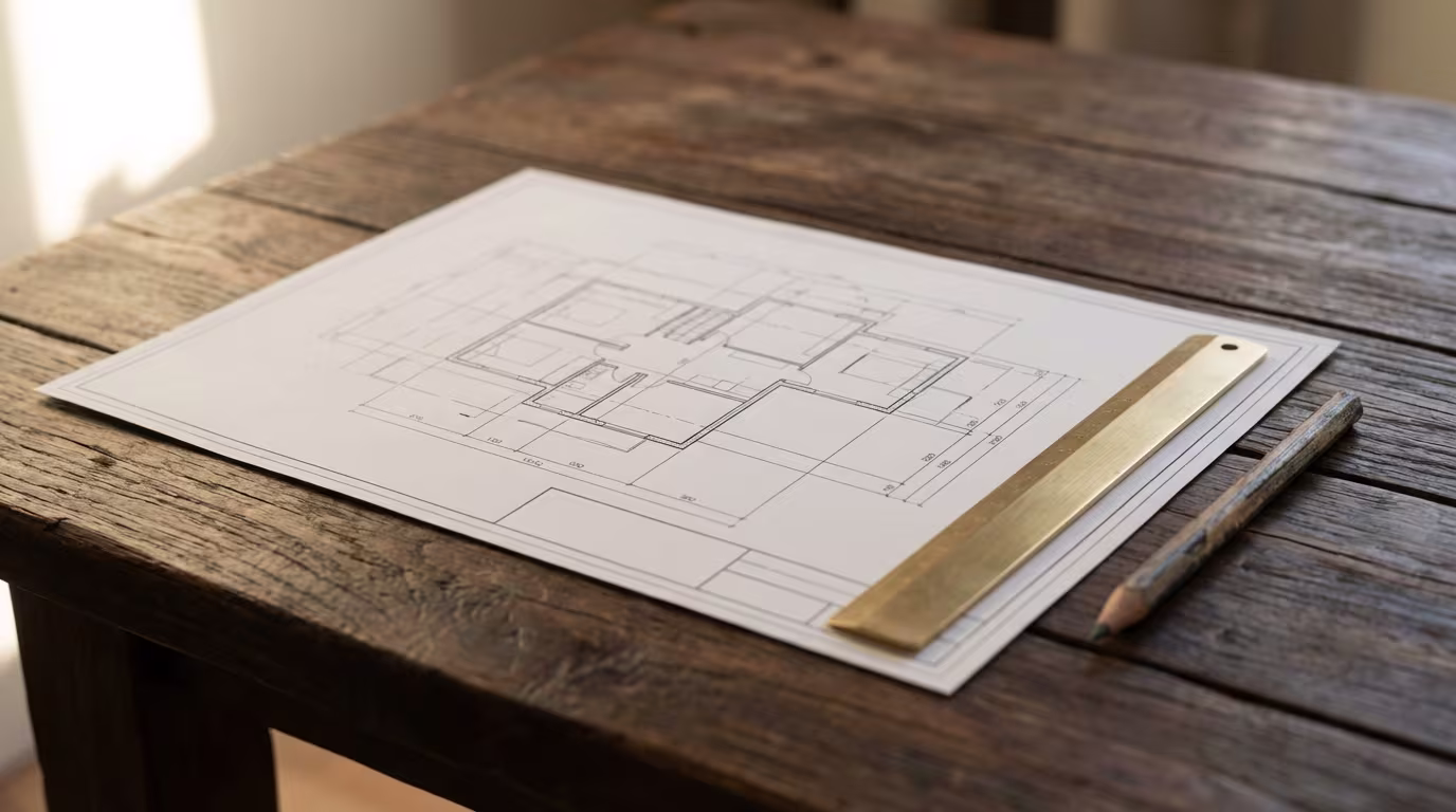 Architekturplan eines Grundrisses mit Lineal und Bleistift auf einem Holztisch.