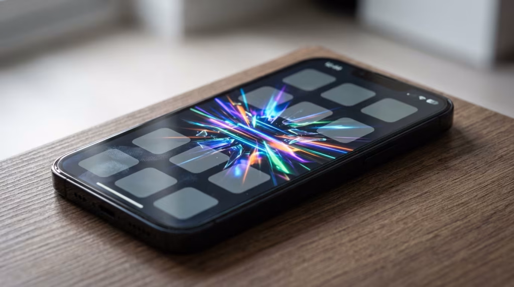 Ein schwarzes Smartphone liegt auf einer Holzoberfläche. Sein beleuchteter Bildschirm zeigt ein farbenfrohes, dynamisches Hintergrundbild.