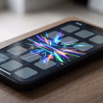 Ein schwarzes Smartphone liegt auf einer Holzoberfläche. Sein beleuchteter Bildschirm zeigt ein farbenfrohes, dynamisches Hintergrundbild.