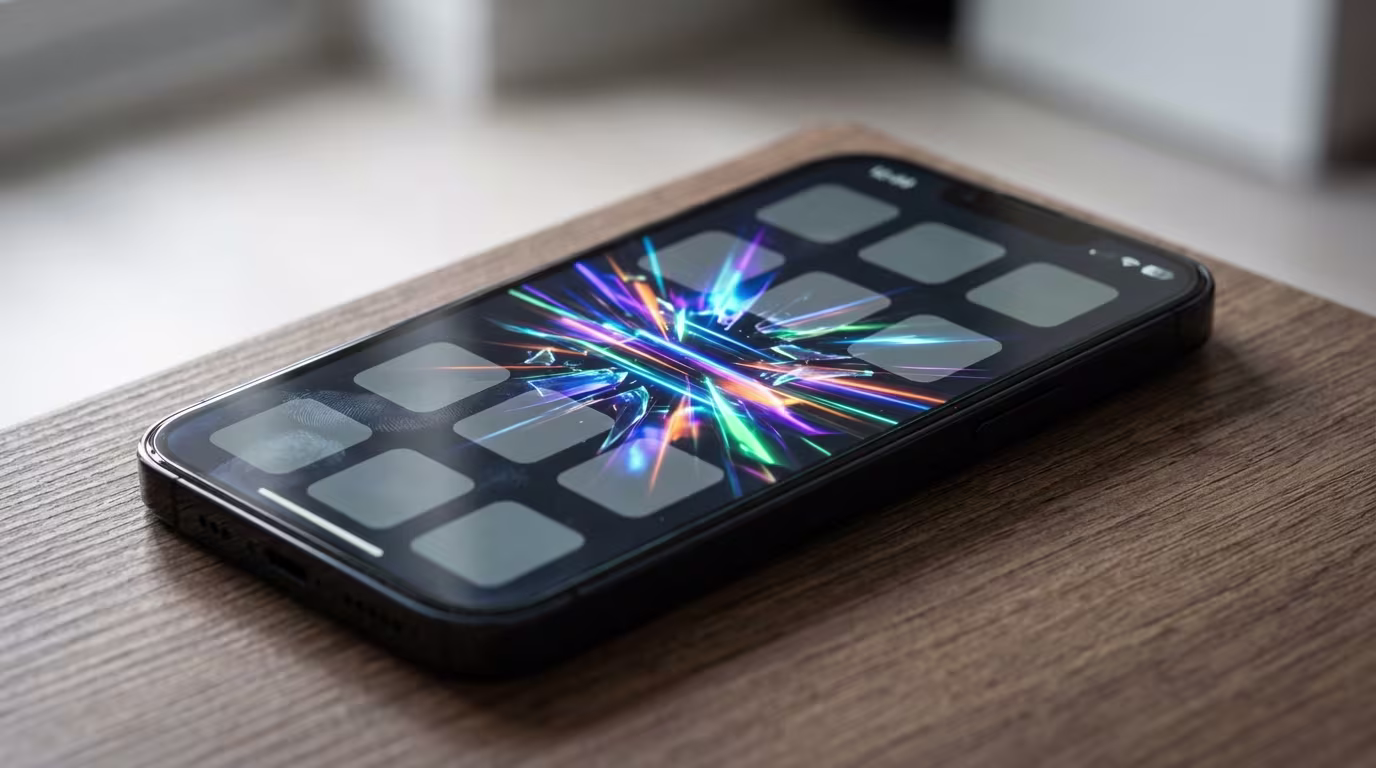 Ein schwarzes Smartphone liegt auf einer Holzoberfläche. Sein beleuchteter Bildschirm zeigt ein farbenfrohes, dynamisches Hintergrundbild.