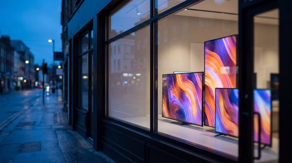 Moderne Fernsehgeräte in einem Schaufenster bei Nacht, die leuchtende, abstrakte Muster in Orange, Lila und Blau zeigen, mit einer nassen Straße und verschwommenen Stadtlichtern im Hintergrund.