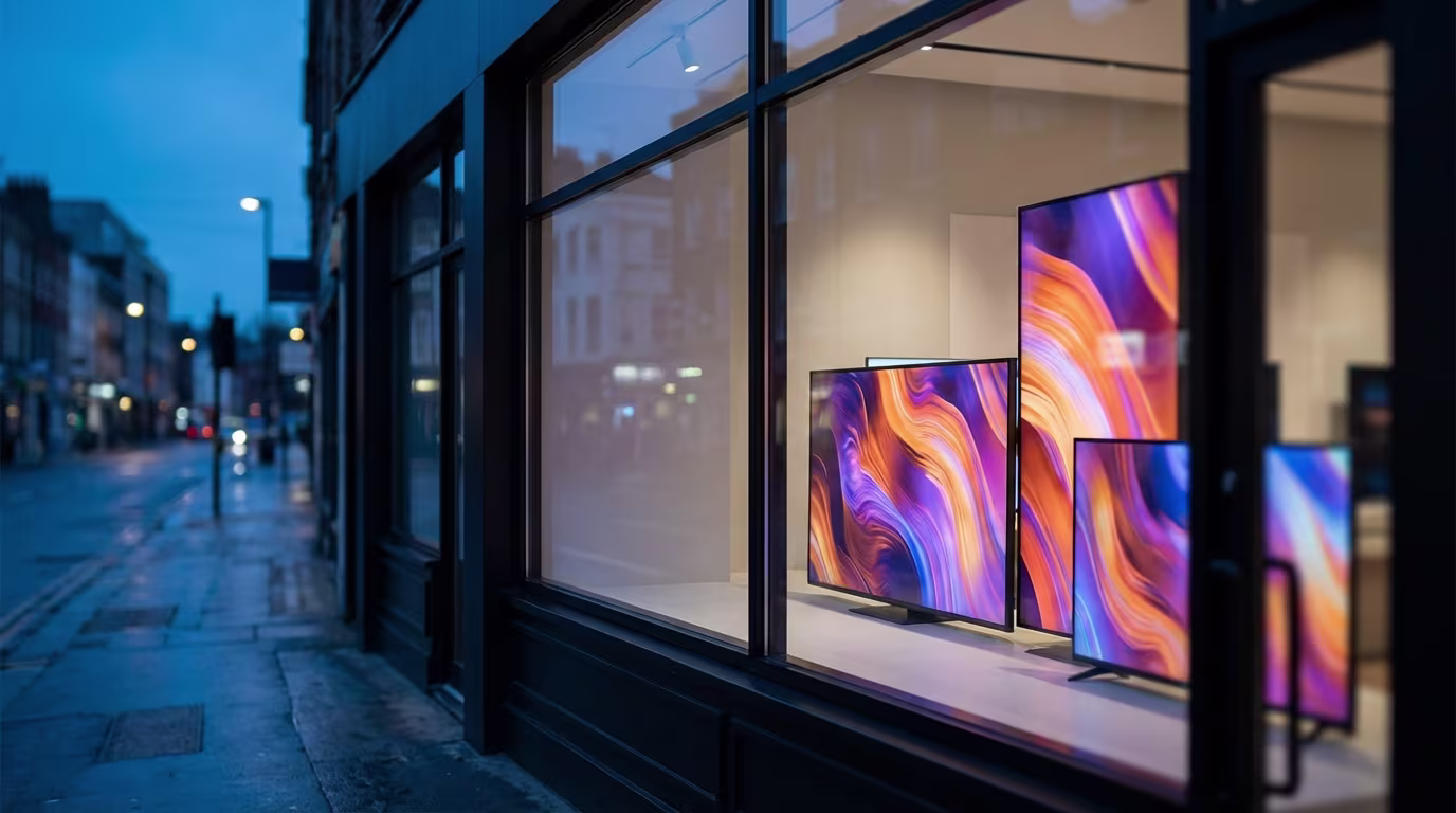 Moderne Fernsehgeräte in einem Schaufenster bei Nacht, die leuchtende, abstrakte Muster in Orange, Lila und Blau zeigen, mit einer nassen Straße und verschwommenen Stadtlichtern im Hintergrund.