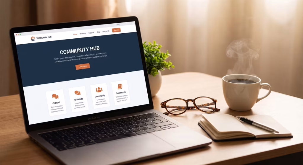 Ein Laptop auf einem Holztisch zeigt eine Webseite mit einem großen Überschriftsbereich und mehreren Informationskarten. Daneben stehen eine dampfende Tasse Kaffee, eine Pflanze, eine Brille und ein offenes Notizbuch.