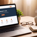 Ein Laptop auf einem Holztisch zeigt eine Webseite mit einem großen Überschriftsbereich und mehreren Informationskarten. Daneben stehen eine dampfende Tasse Kaffee, eine Pflanze, eine Brille und ein offenes Notizbuch.