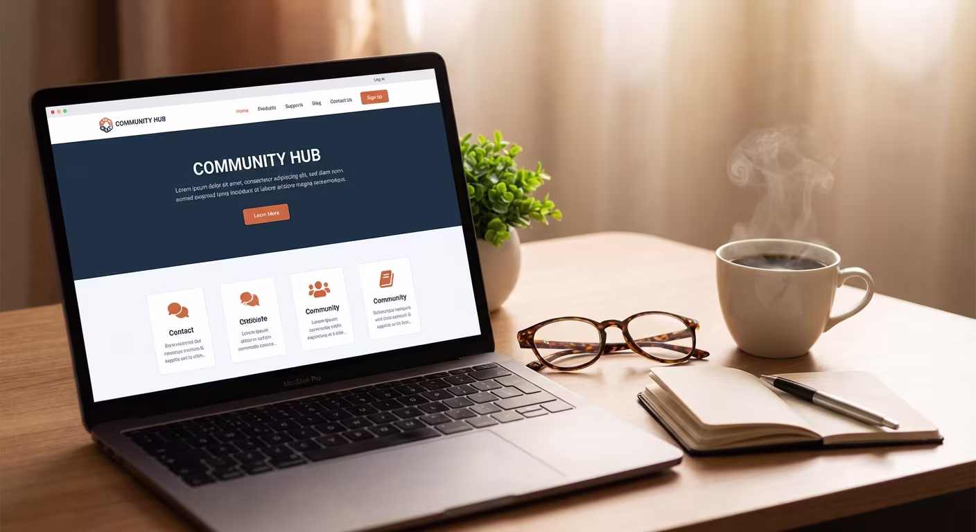 Ein Laptop auf einem Holztisch zeigt eine Webseite mit einem großen Überschriftsbereich und mehreren Informationskarten. Daneben stehen eine dampfende Tasse Kaffee, eine Pflanze, eine Brille und ein offenes Notizbuch.