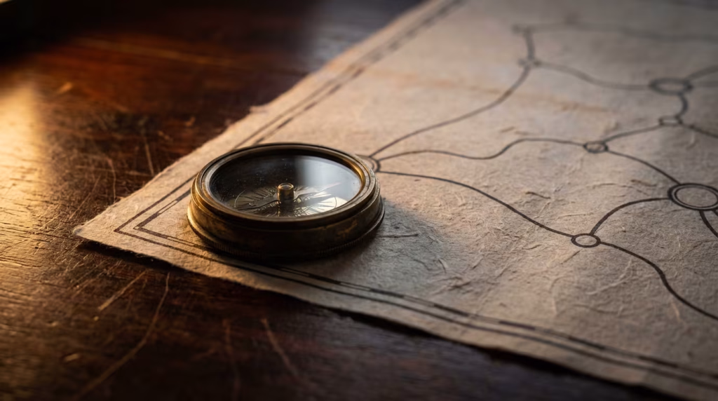Ein antiker Messingkompass liegt auf einer alten, handgezeichneten Karte, die ein Wegenetz zeigt. Das Bild ist stimmungsvoll beleuchtet und vermittelt ein Gefühl von Navigation und Planung.