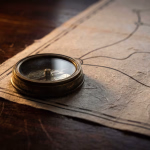 Ein antiker Messingkompass liegt auf einer alten, handgezeichneten Karte, die ein Wegenetz zeigt. Das Bild ist stimmungsvoll beleuchtet und vermittelt ein Gefühl von Navigation und Planung.