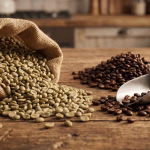 Ein Jutesack voller grüner Kaffeebohnen und ein Haufen gerösteter Kaffeebohnen mit einer Schaufel auf einem rustikalen Holztisch.