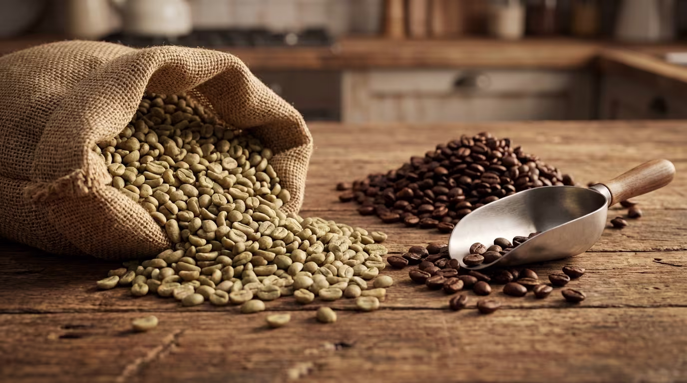 Ein Jutesack voller grüner Kaffeebohnen und ein Haufen gerösteter Kaffeebohnen mit einer Schaufel auf einem rustikalen Holztisch.