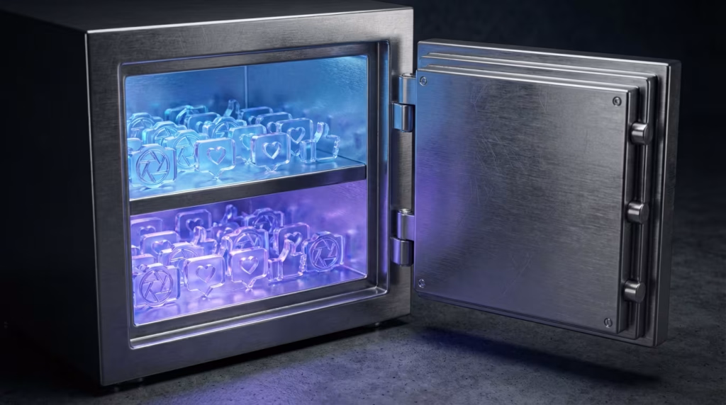 Ein geöffneter, glänzender Metalsafe, dessen Inneres blau und lila leuchtet. Auf zwei Regalen im Safe befinden sich viele durchscheinende, glasähnliche Symbole von Kamera- und Herz-in-Sprechblase-Icons, die soziale Medien-Interaktionen darstellen.