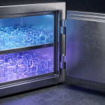 Ein geöffneter, glänzender Metalsafe, dessen Inneres blau und lila leuchtet. Auf zwei Regalen im Safe befinden sich viele durchscheinende, glasähnliche Symbole von Kamera- und Herz-in-Sprechblase-Icons, die soziale Medien-Interaktionen darstellen.