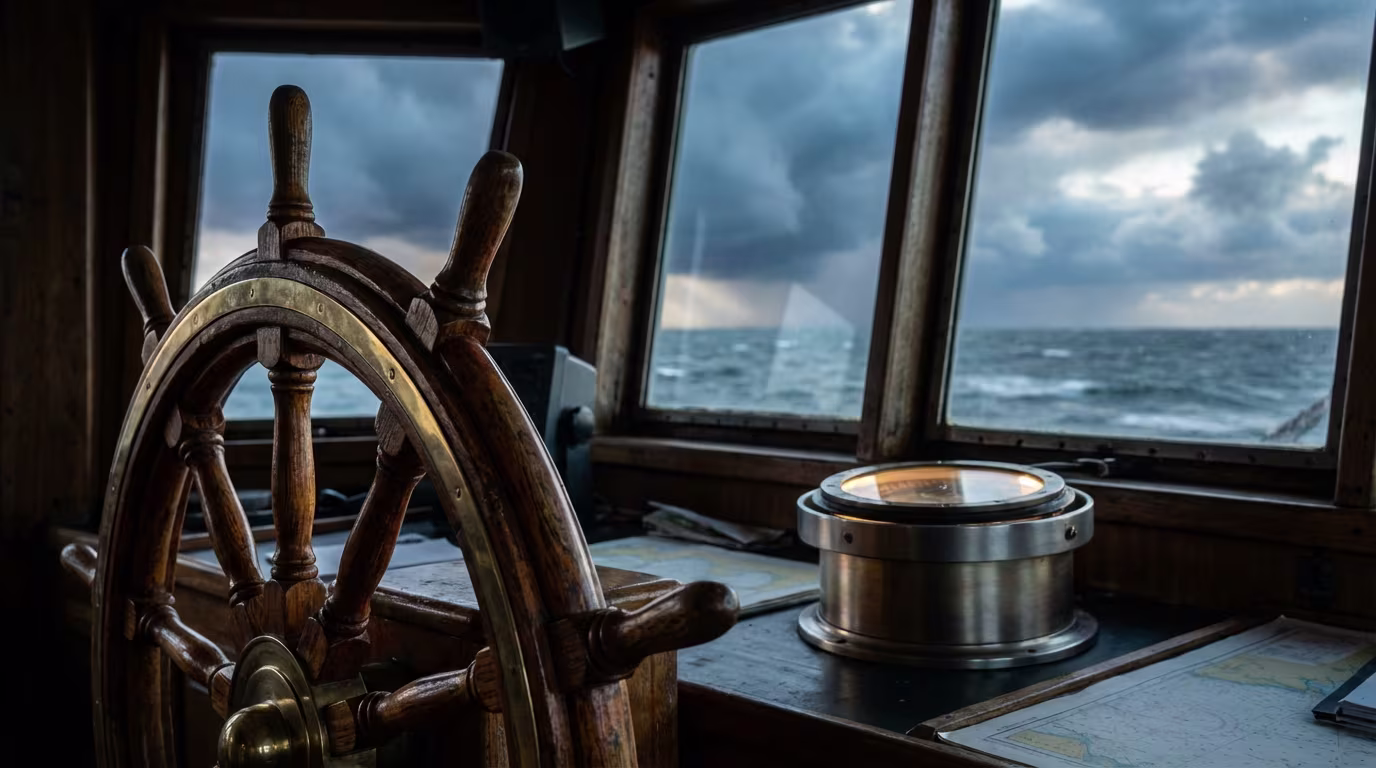 Ein hölzernes Steuerrad und ein Kompass in der Kabine eines Schiffes, mit stürmischer See und dunklen Wolken durch die Fenster sichtbar.