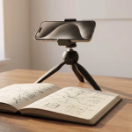 Ein Schreibtisch mit einem aufgeschlagenen Notizbuch voller Skizzen und Mind-Maps, einem Smartphone auf einem kleinen Stativ und einer dampfenden Tasse, symbolisiert eine produktive Arbeitsumgebung.