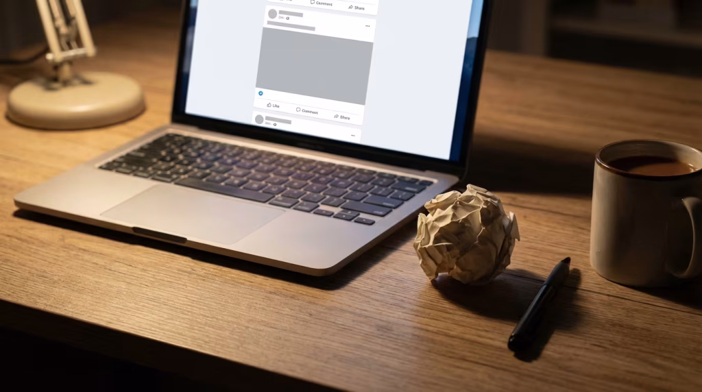 Laptop auf einem Holzschreibtisch, der einen Social-Media-Feed zeigt, daneben ein zerknüllter Papierball, ein Stift und eine Tasse, was auf die Arbeit an digitalen Inhalten hindeutet.