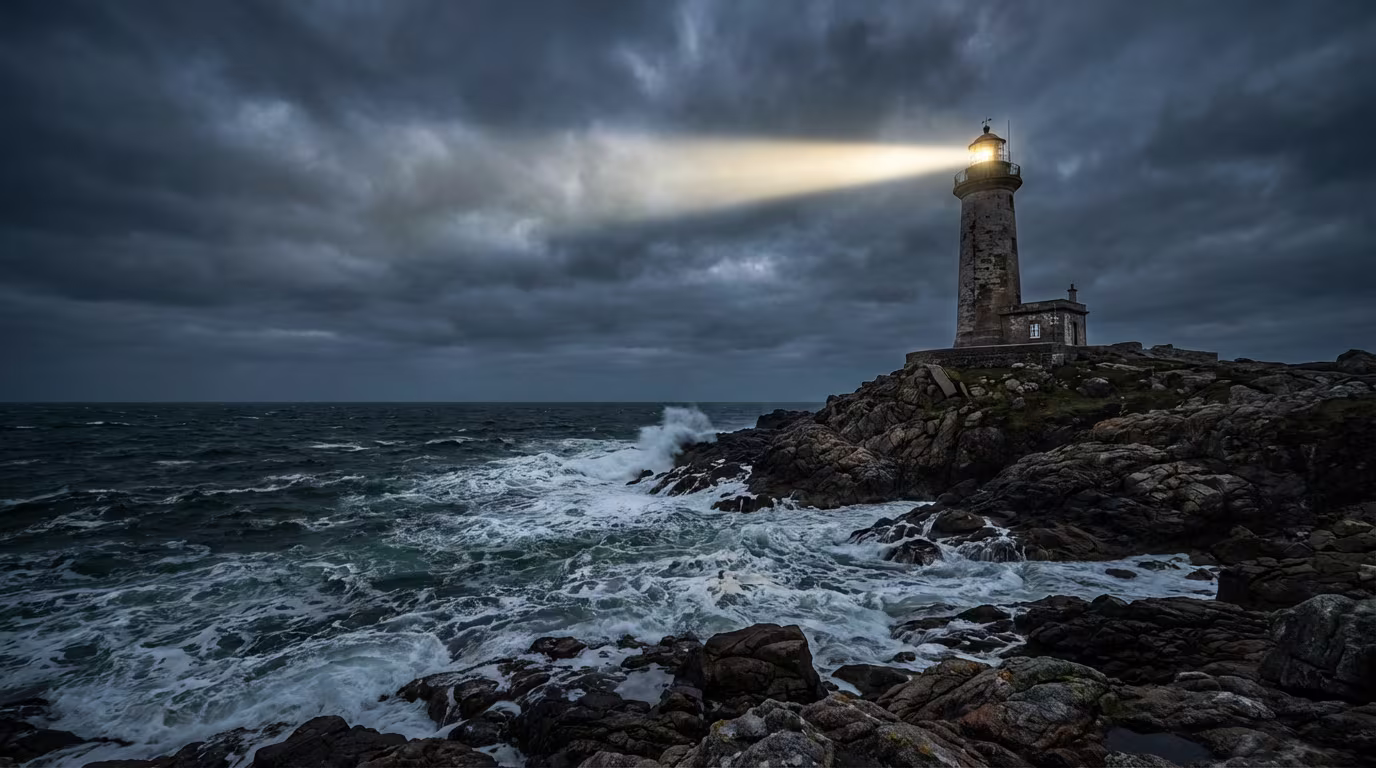 Ein Leuchtturm strahlt sein Licht über eine stürmische See mit aufprallenden Wellen und dunklen Wolken, von einer felsigen Küste aus.